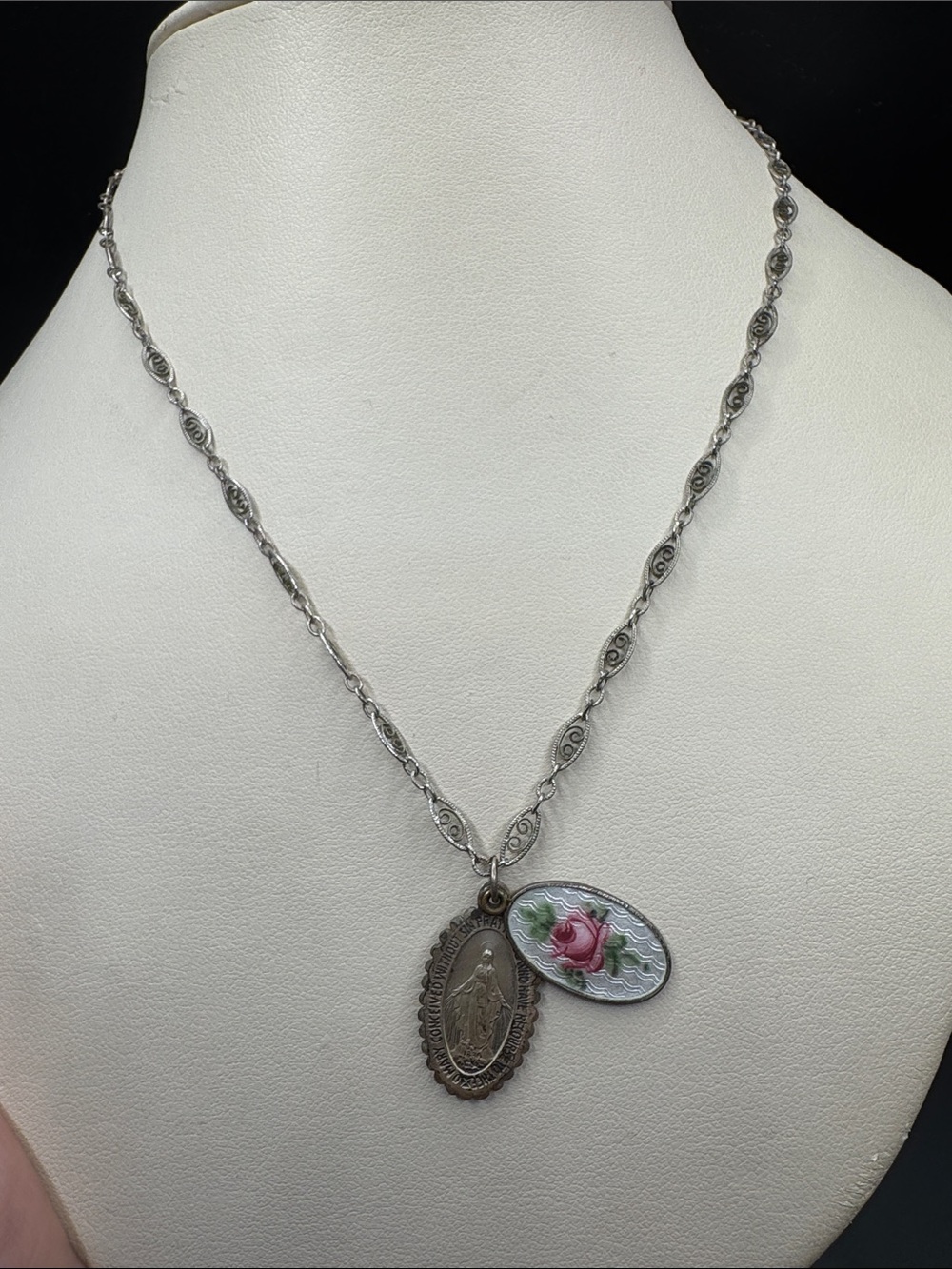 Vintage Sterling Silver Guilloche Enamel Rose Mary St Joseph Slide Pendant 925